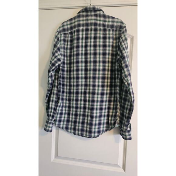 REISS 1971 Vinci Mens Plaid Flannel Shirt Size Med Blue Green Patch Pockets - Picture 3 of 10